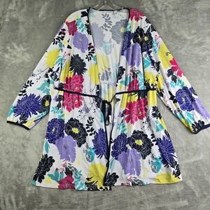 Susan Graver Cardigan Womens 2XP Petite White Floral Liqiud Knit Tie Front Beach